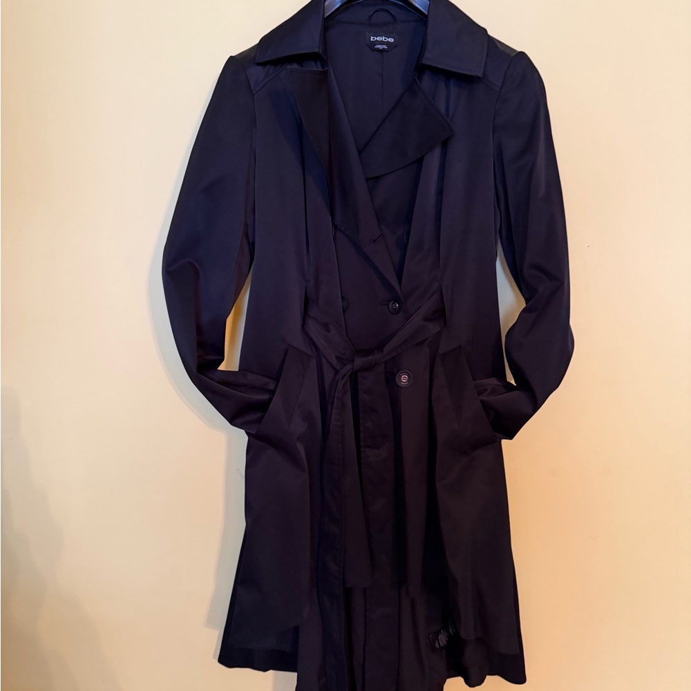 bebe Black Jacket trench coat L high low hem